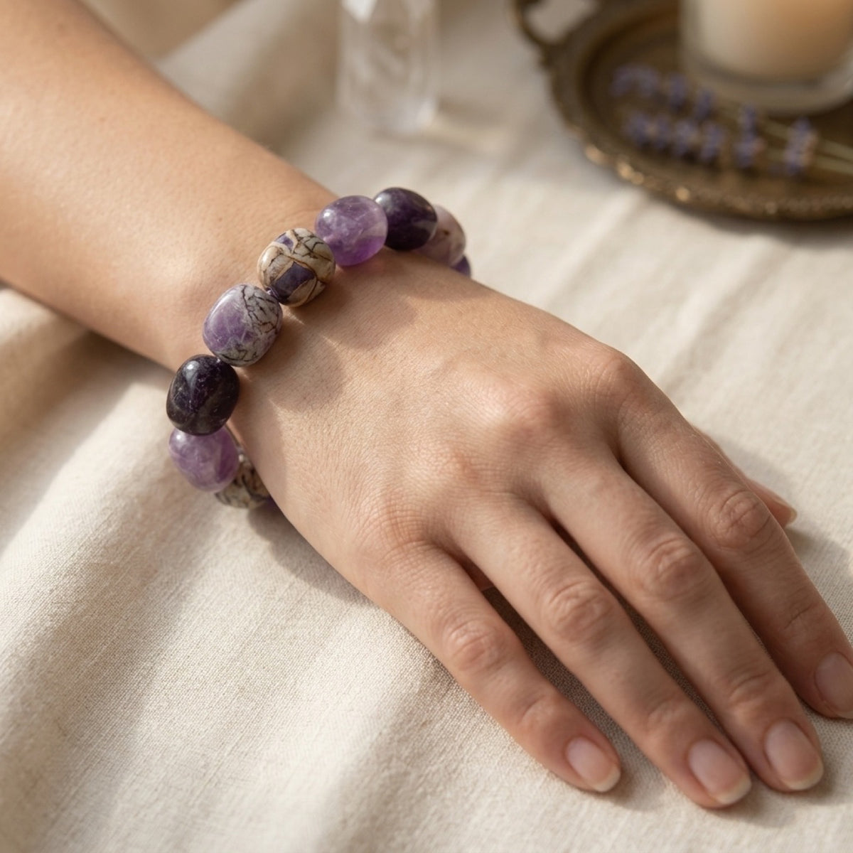 Chevron Nugget Stretch Amethyst Bracelet worn