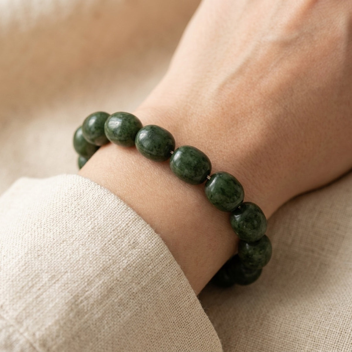 Nephrite Nugget Stretch Jade Bracelet worn