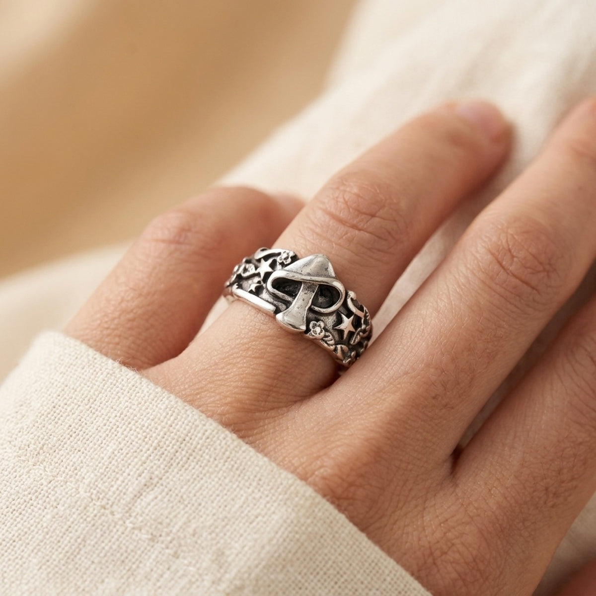 Mushroom Star Flower Mystic Leaf Ring worn
