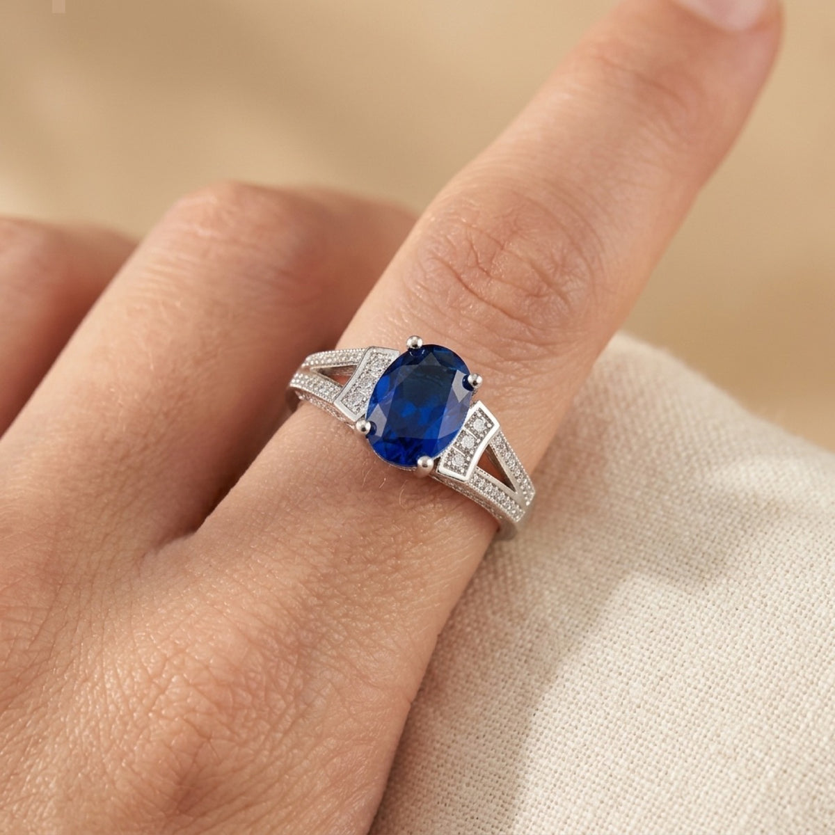 Oval Blue Sapphire CZ Vintage Bridal Engagement Ring worn