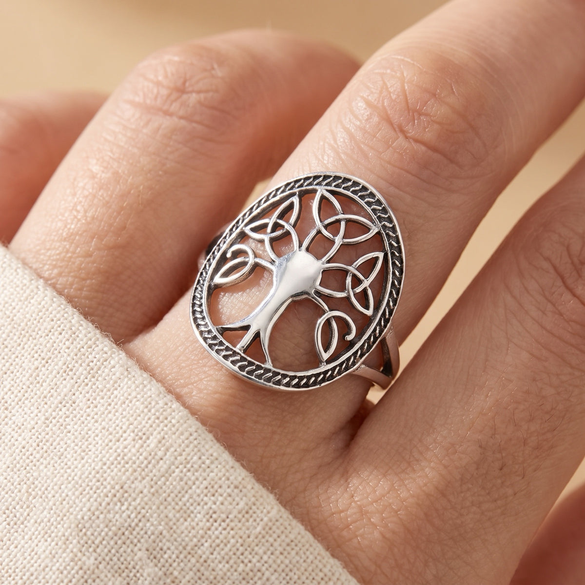 Oxidized Celtic Knot Tree of Life Filigree Ring worn
