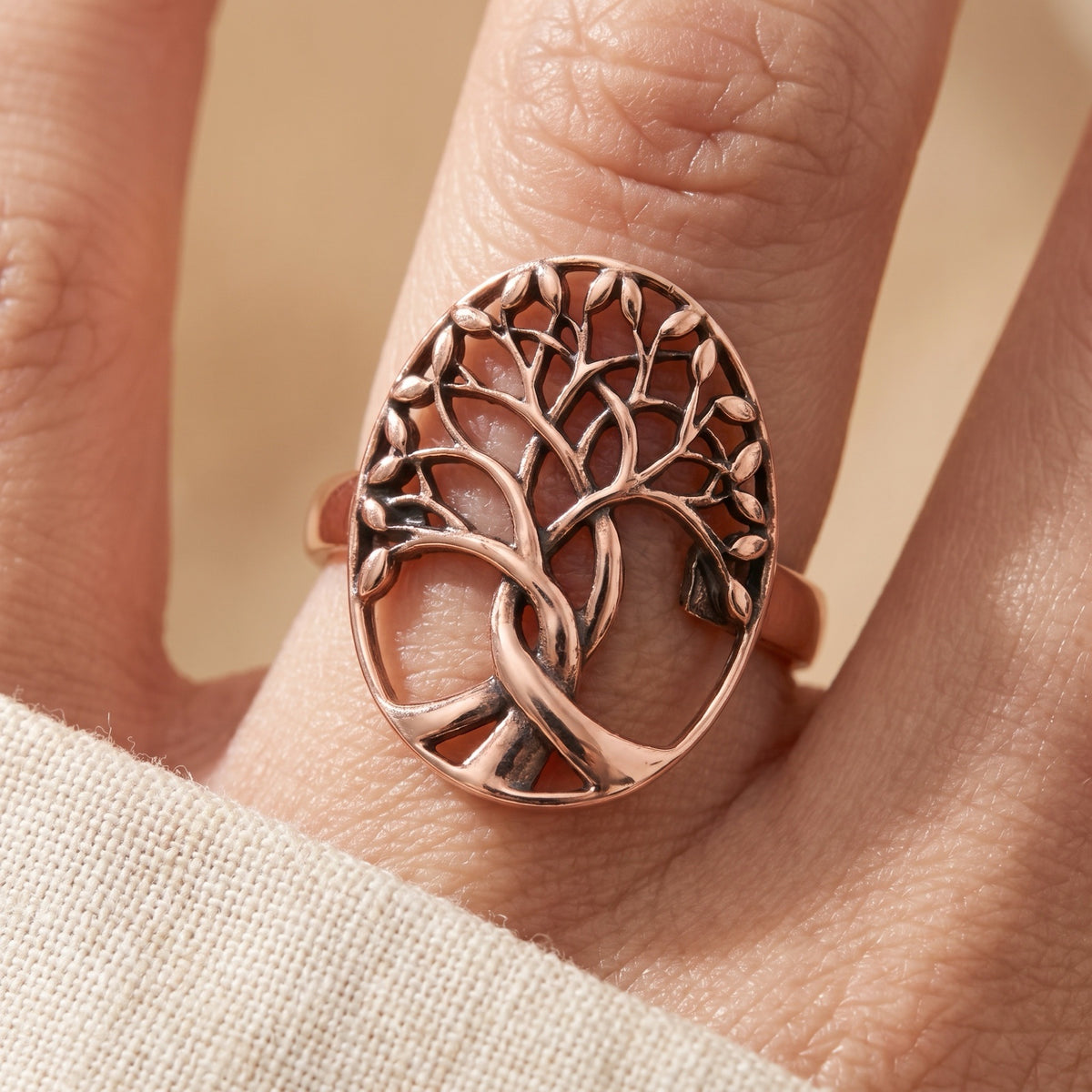 Oxidized Rose Gold Tone Tree of Life Ring worn