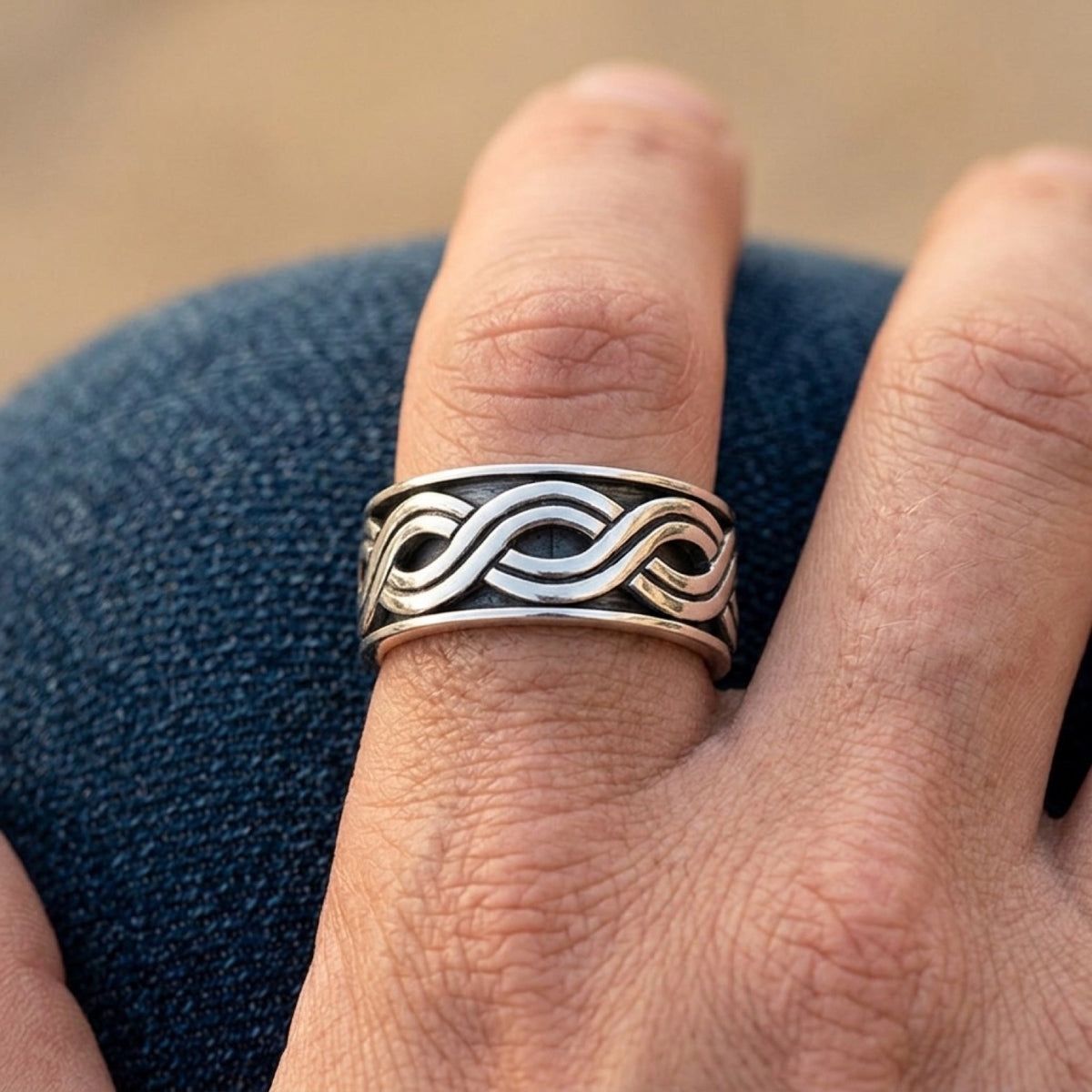 Oxidized Wave Infinity Twist Knot Celtic Ring worn