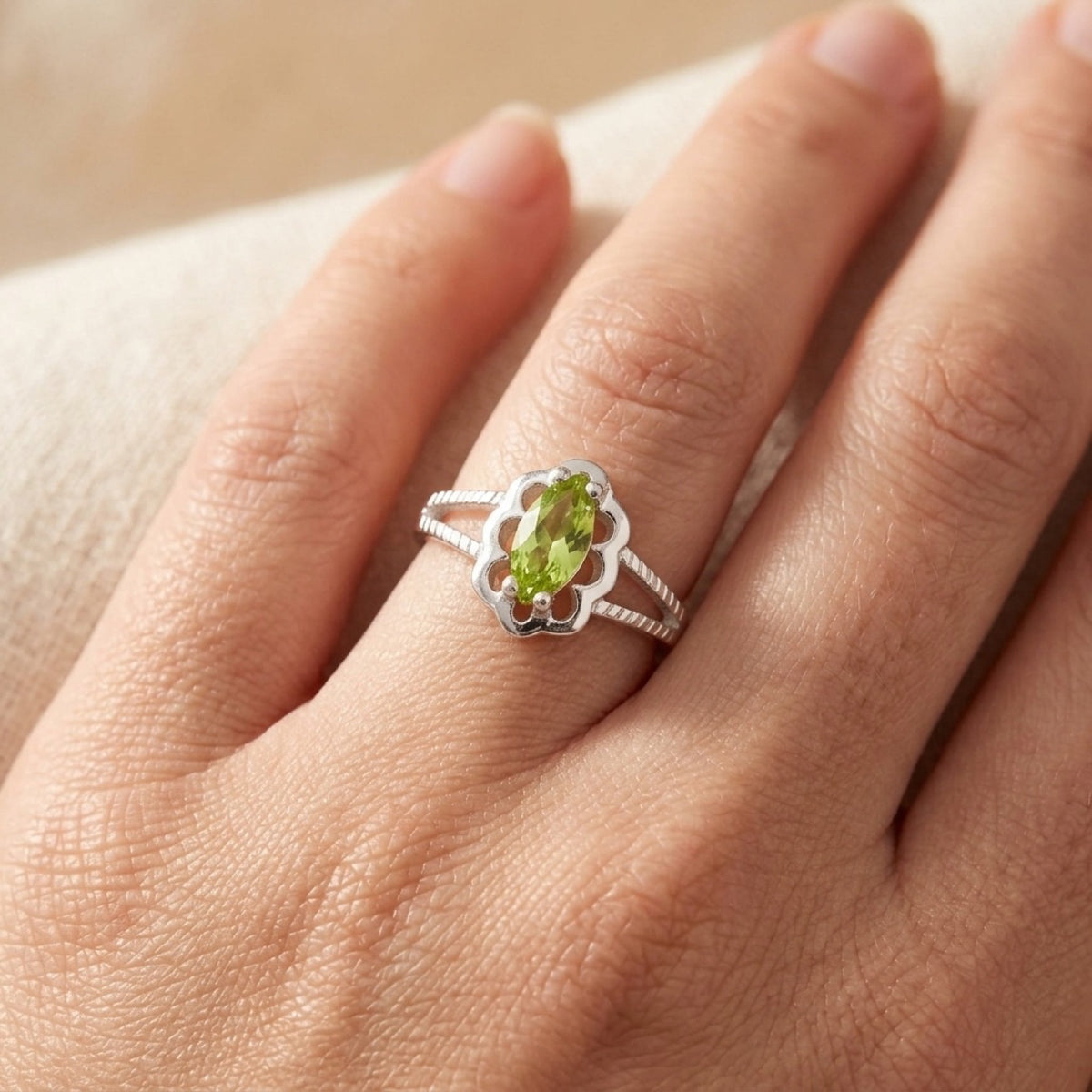 Peridot CZ Baby Marquise Wave Halo Ring worn
