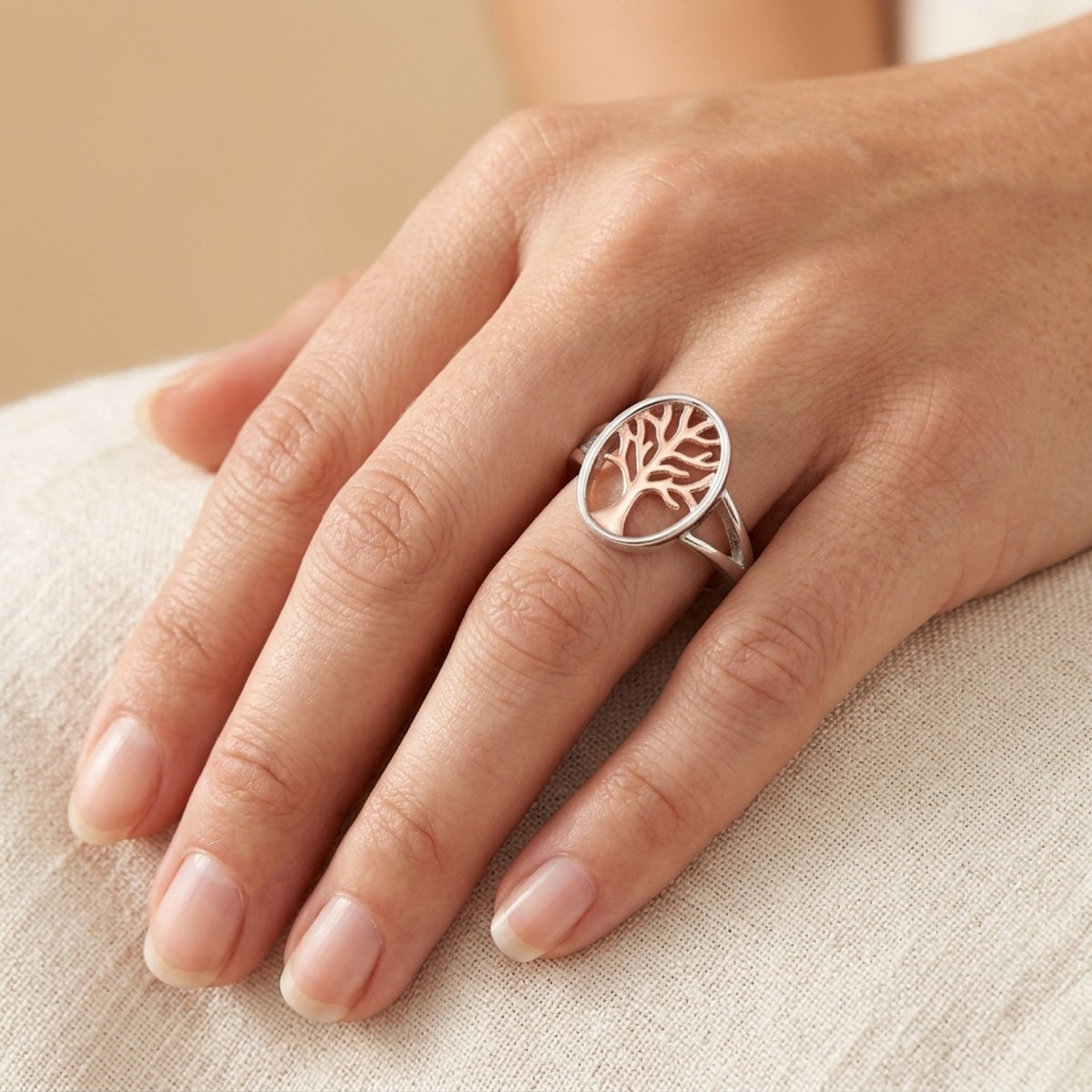 Rose Gold Tone Tree of Life Branches Ring worn
