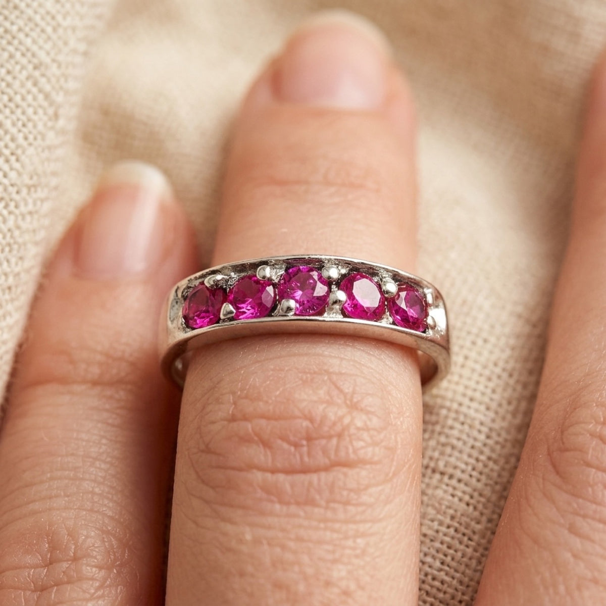 Ruby CZ Simple Studded Ring worn