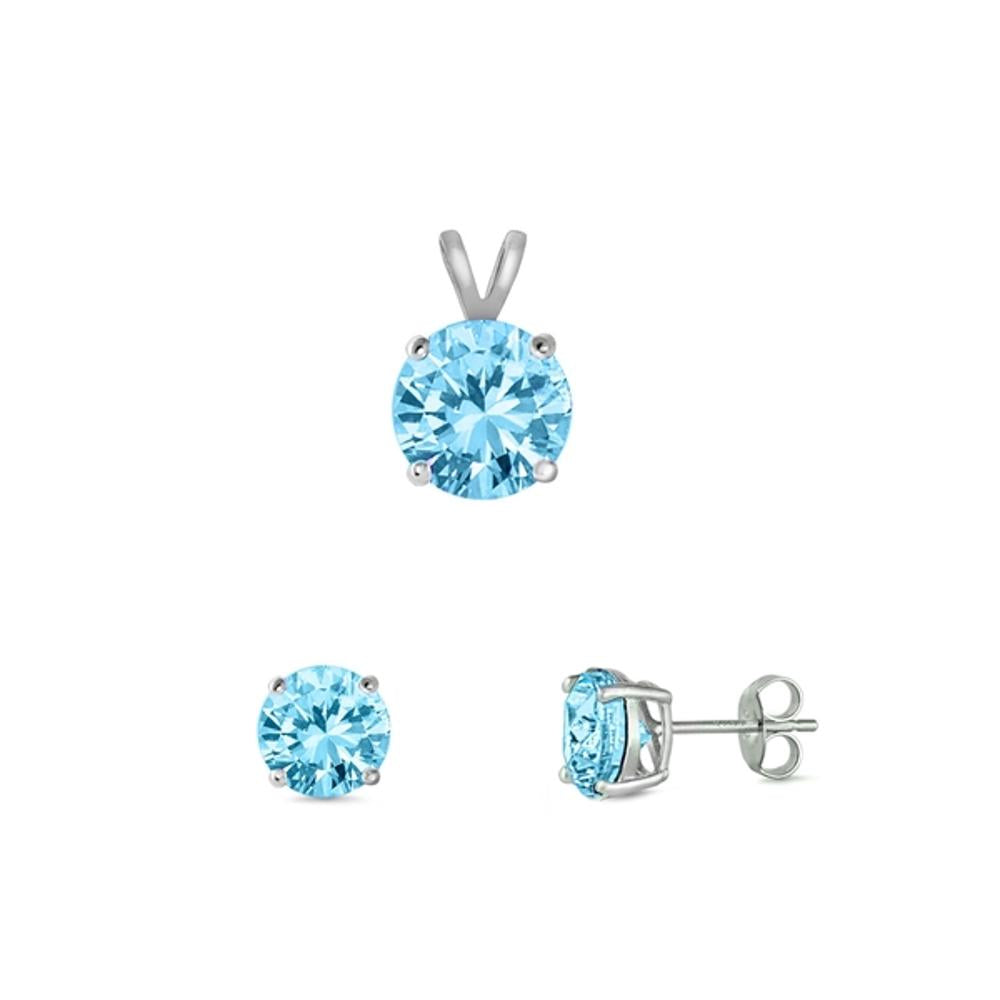 Solitaire Round Simulated Aquamarine Pendant Set Blue CZ Earrings – Sterling Silver