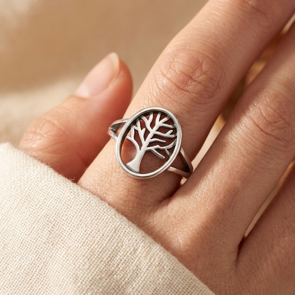 Simple Oval Tree of Life Ring worn