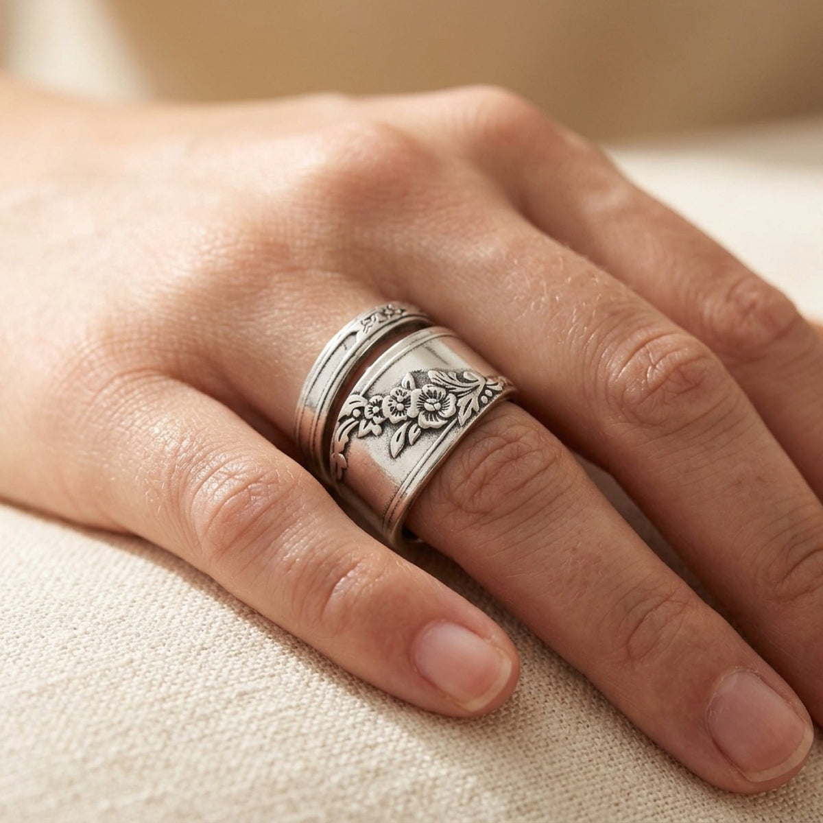 Antiqued Spoon With Flowers Ring worn