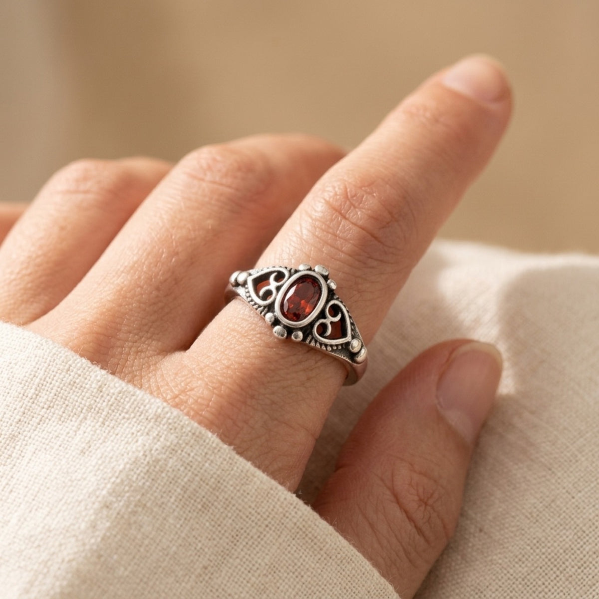 Bali Style With Granulation & Garnet CZ Ring worn