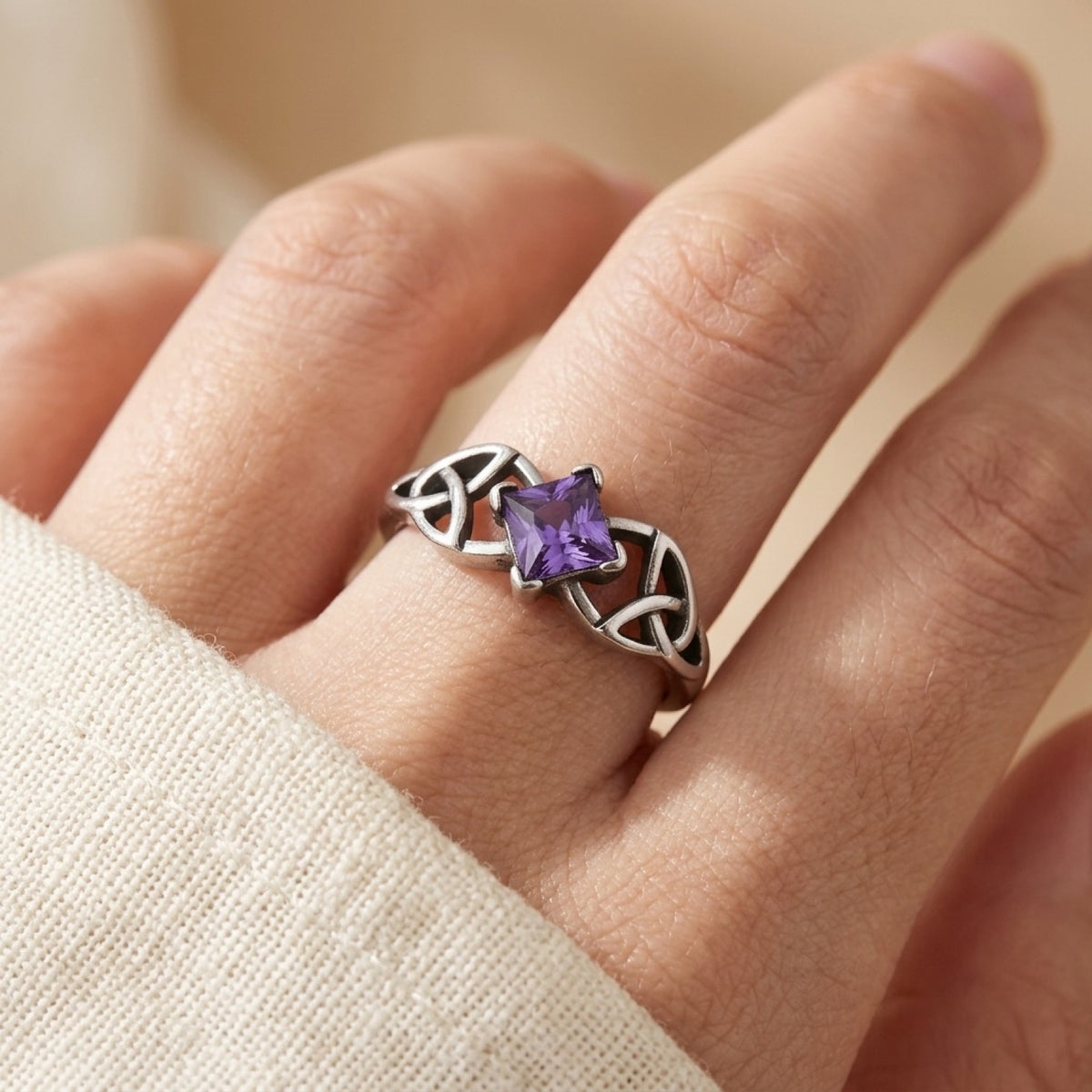 Celtic With Amethyst CZ & Side Triquetras Ring worn