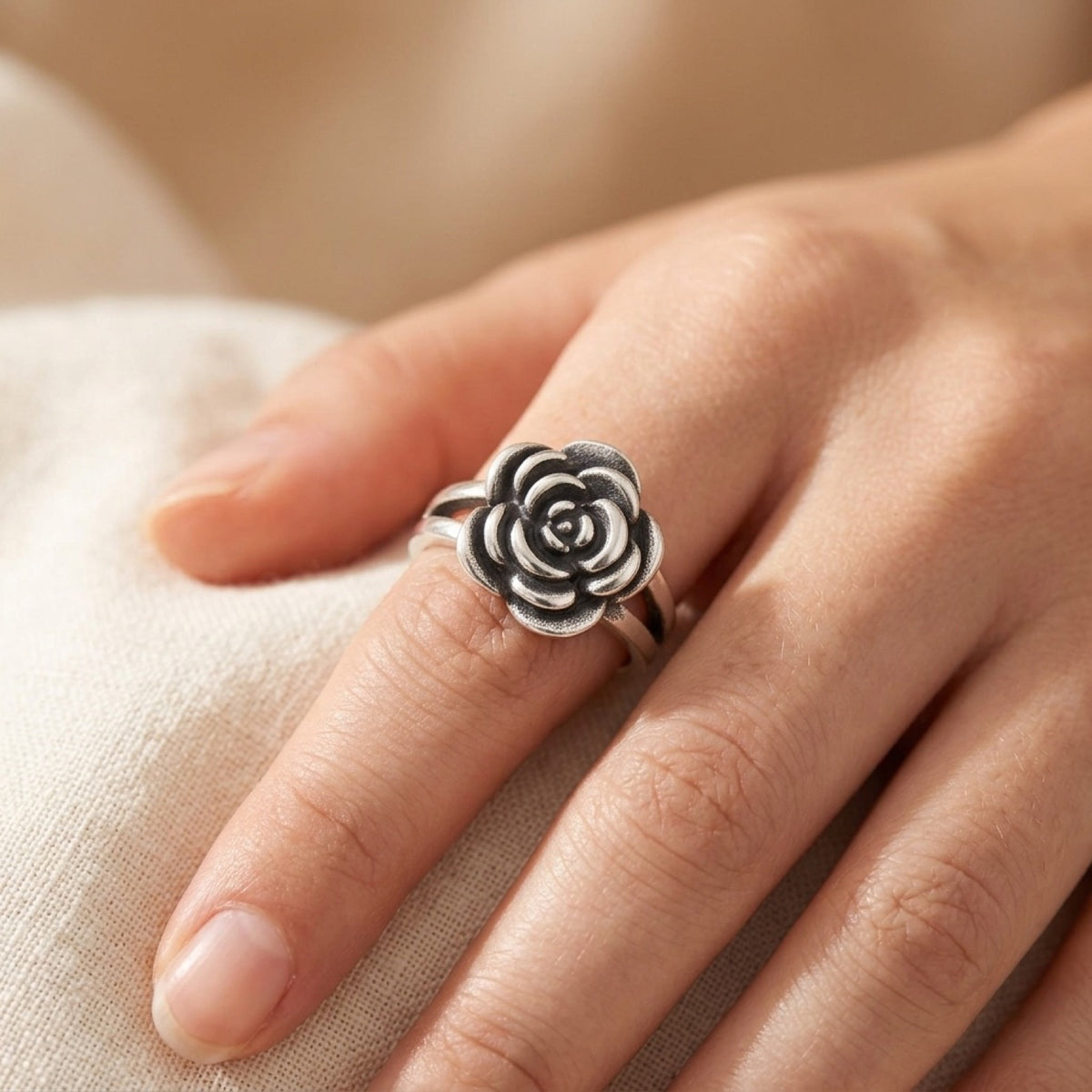 Oxidized Rose Flower Friendship Love Ring worn