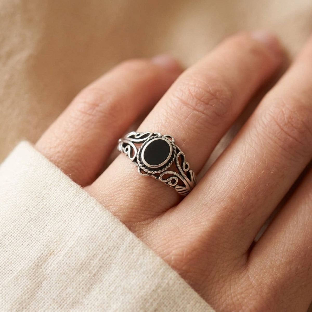 Black Agate Boho Ring worn