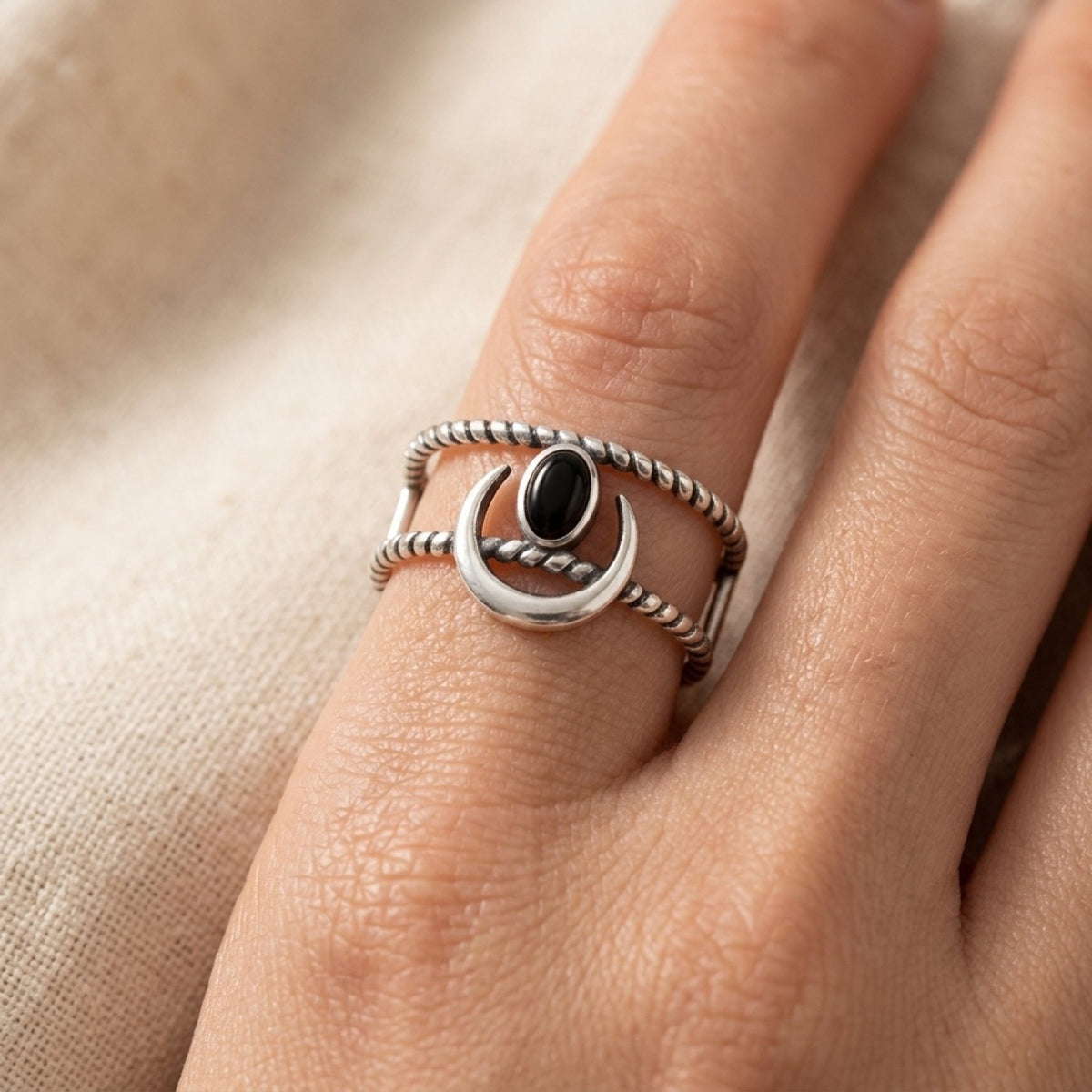 Black Agate Moon Ring worn