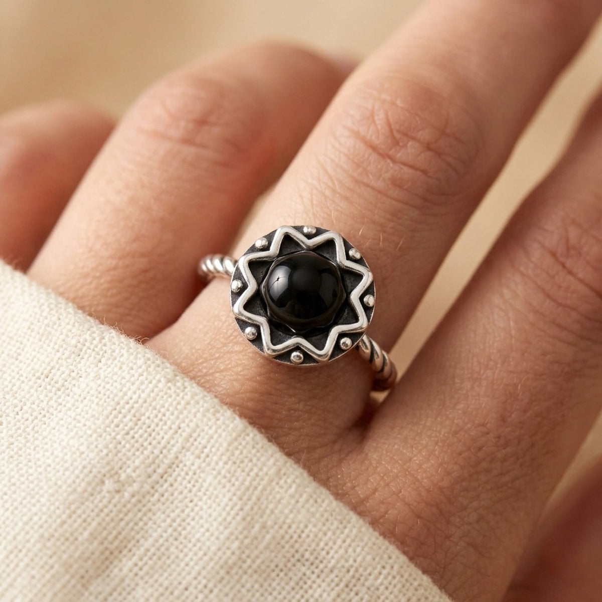Black Onyx Bali Sun Ring worn
