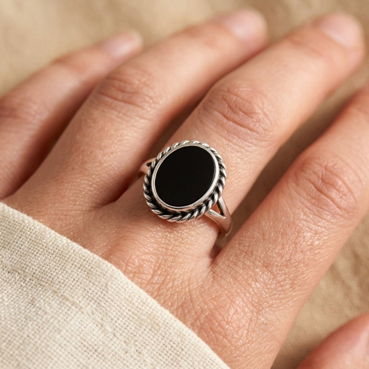 Rope Border Black Onyx Ring worn