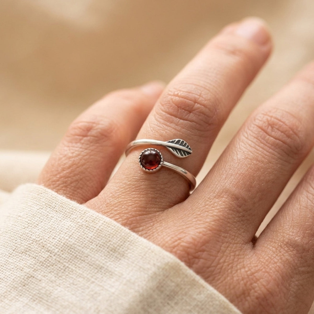 Garnet Arrow Spoon Ring worn
