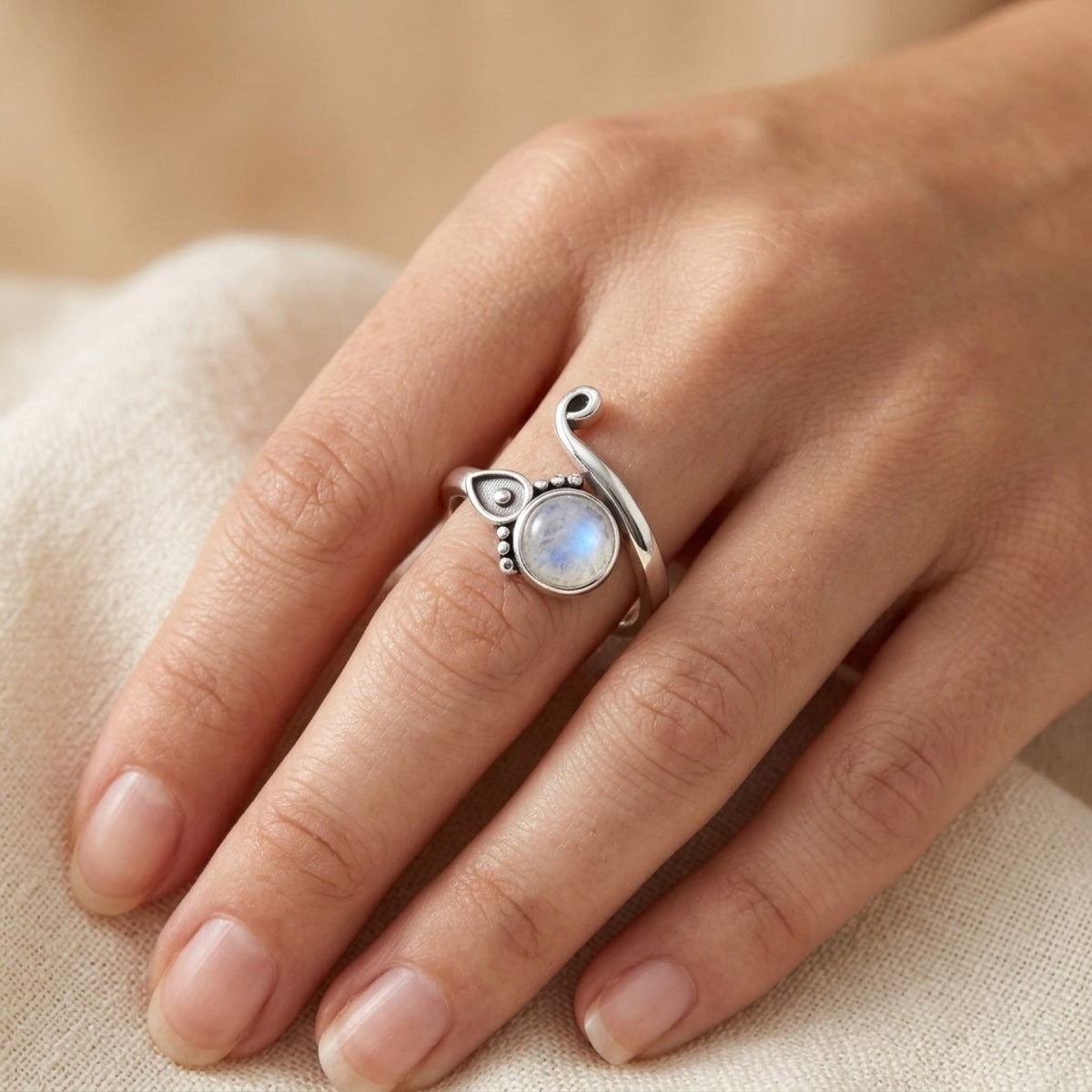 Moonstone Bali Ring worn