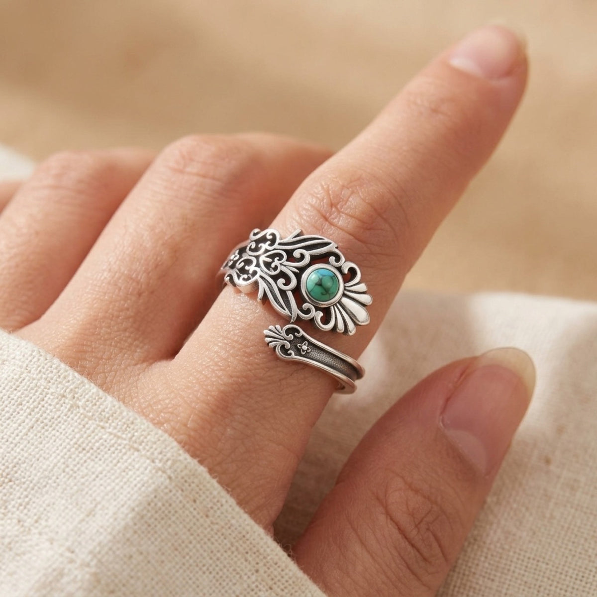 Turquoise Celtic Spoon Ring worn