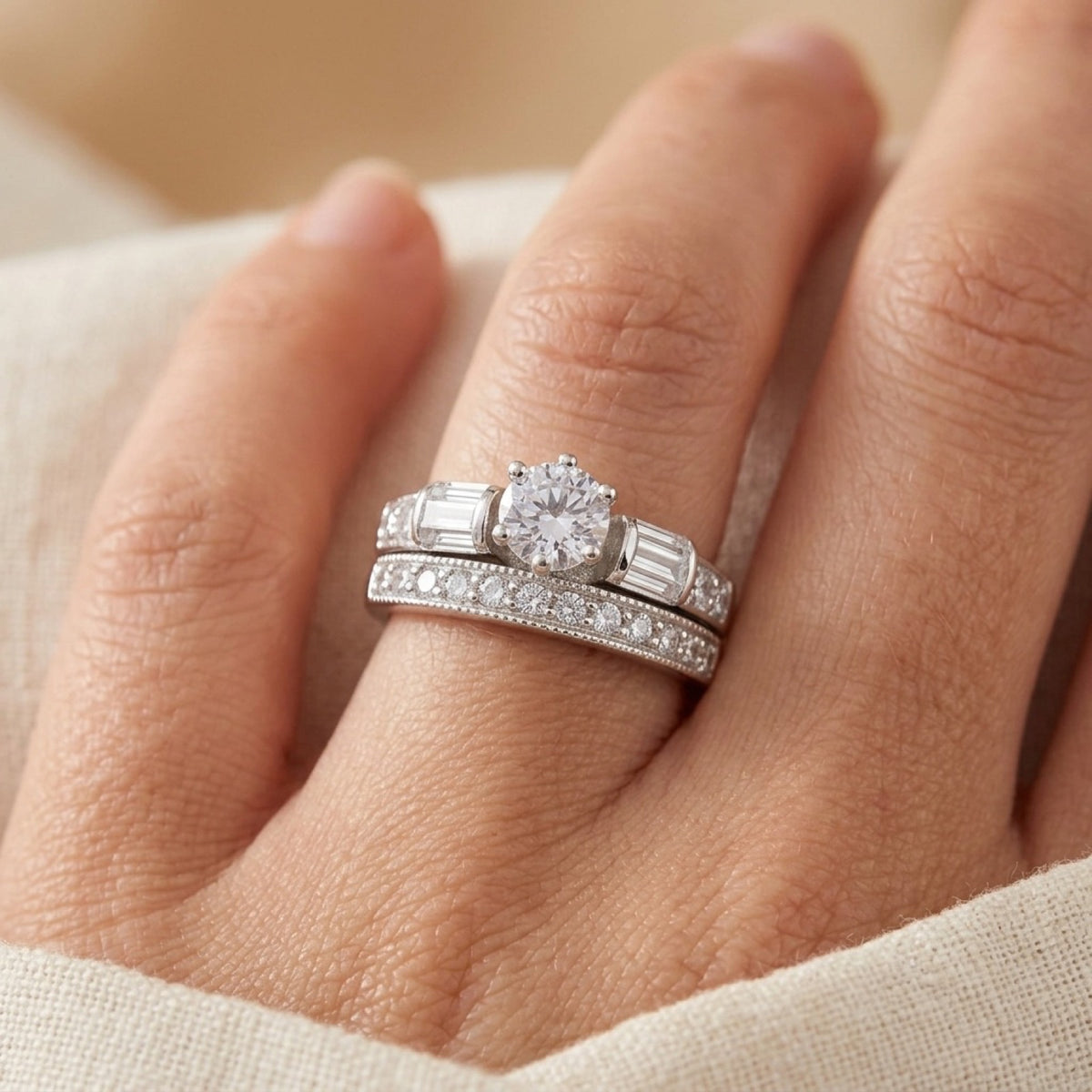 Wedding Set Engagement Clear Round Cut CZ 6mm Ring worn