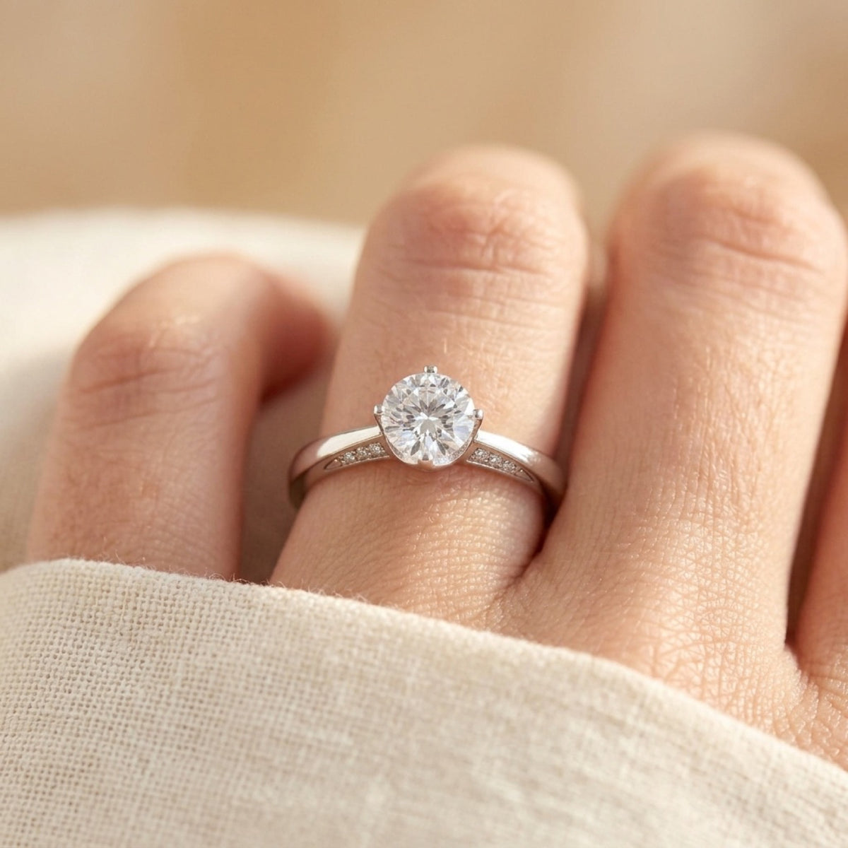 White CZ Solitaire Engagement Ring worn