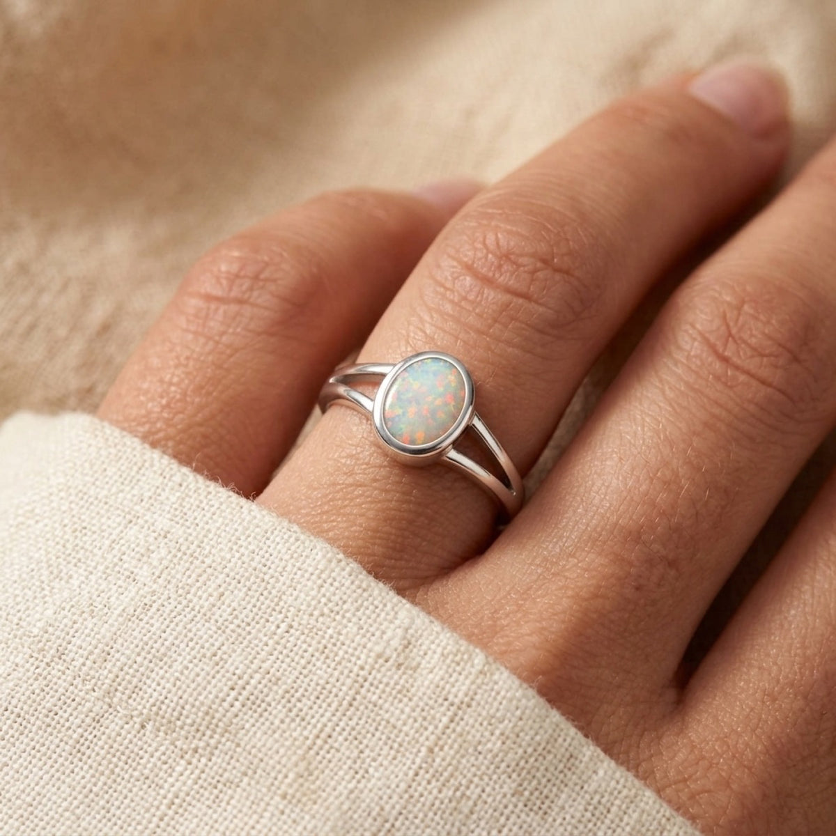 White Lab Opal Oval Ring worn