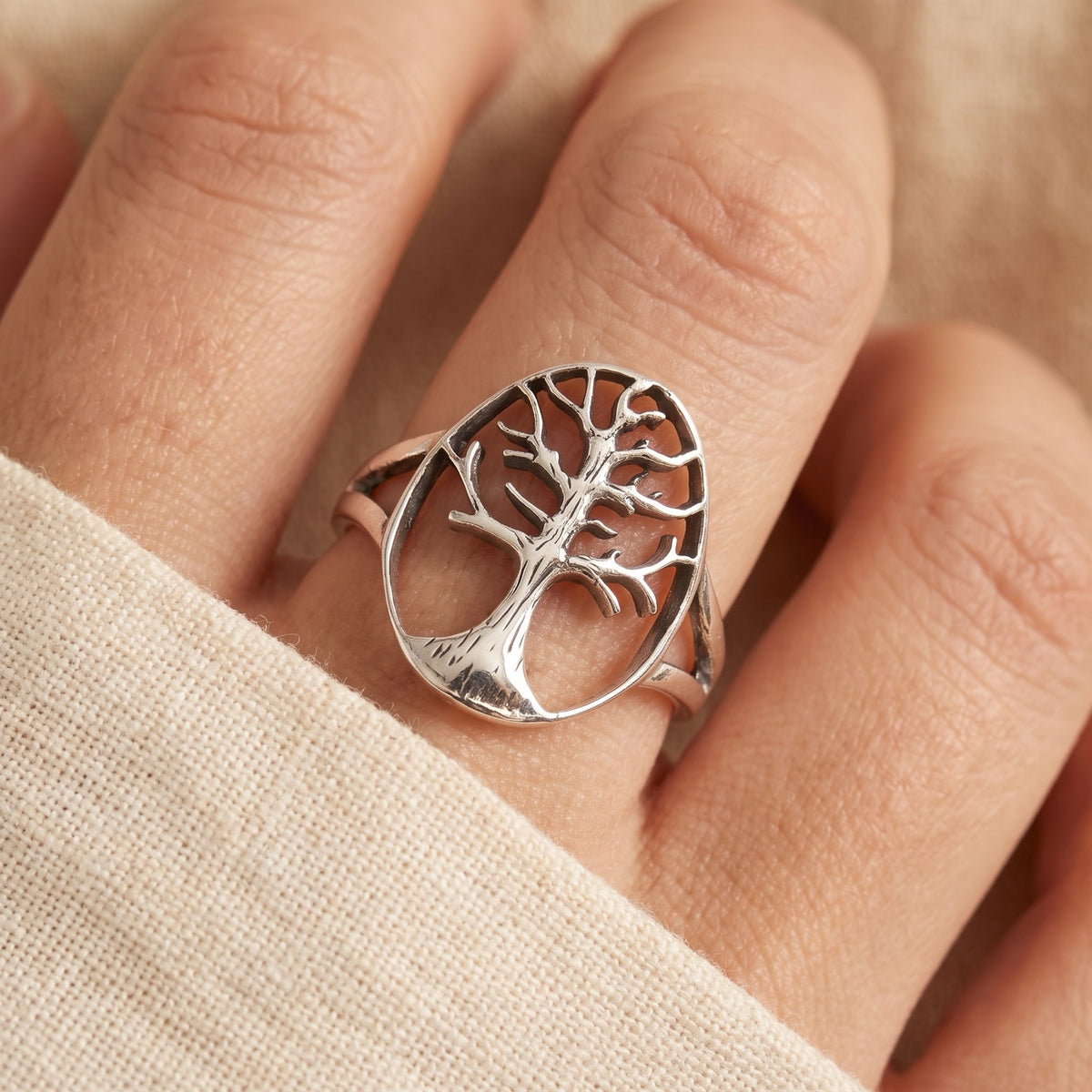 Oval Frame Tree of Life Cutout Ring worn