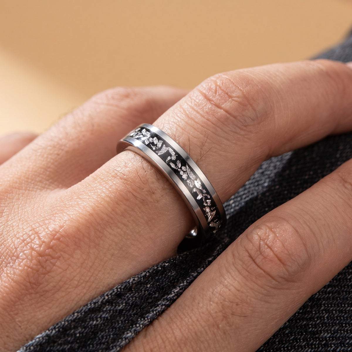 4mm Crushed Meteorite Inlay Tungsten Band worn