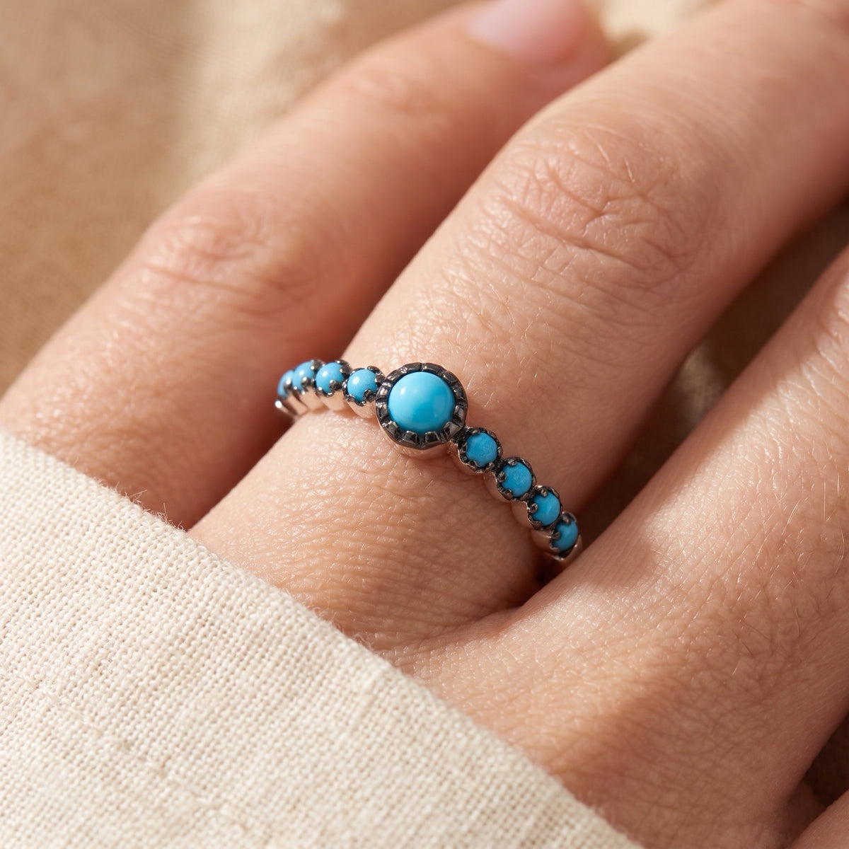 Turquoise Round Black Halo Stacking Ring worn