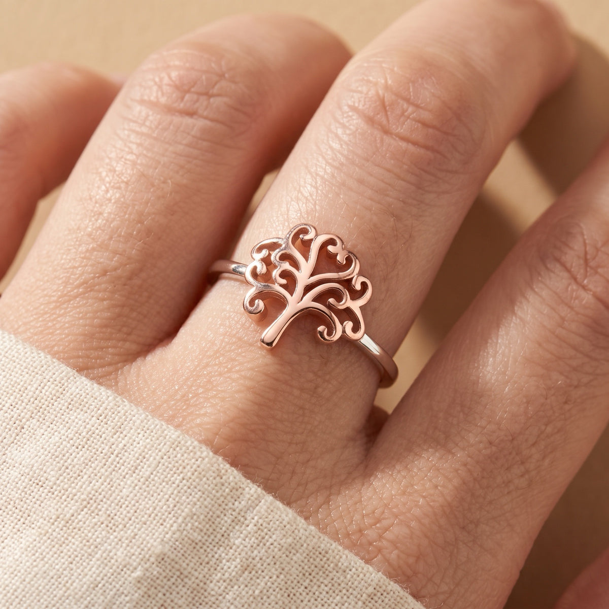 Two Tone Swirl Tree of Life Ring worn