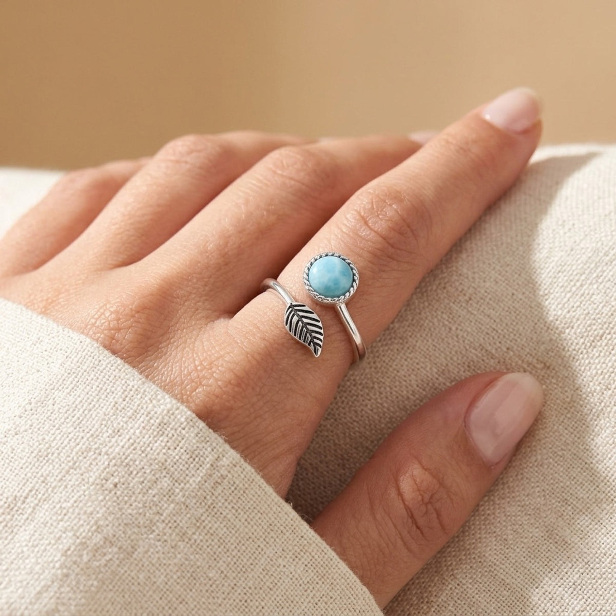 Larimar Leaf Wrap Adjustable Ring worn