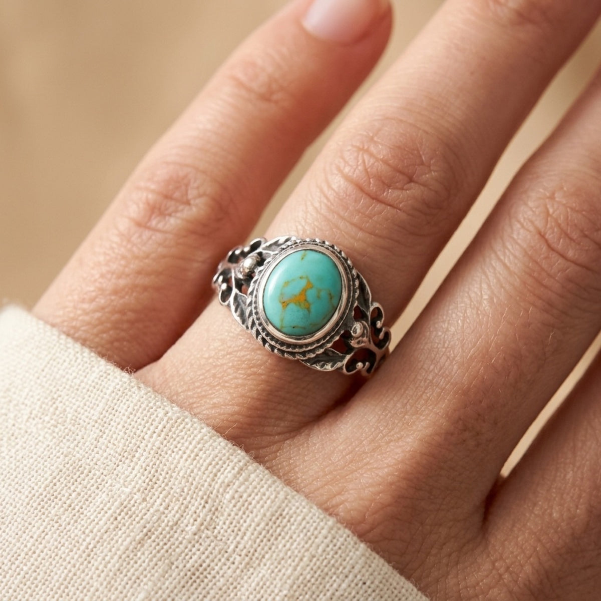 Victorian Turquoise Woodland Branch Ring worn