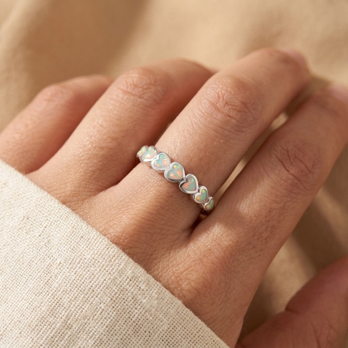 White Lab Opal Promise Heart Stacking Ring worn