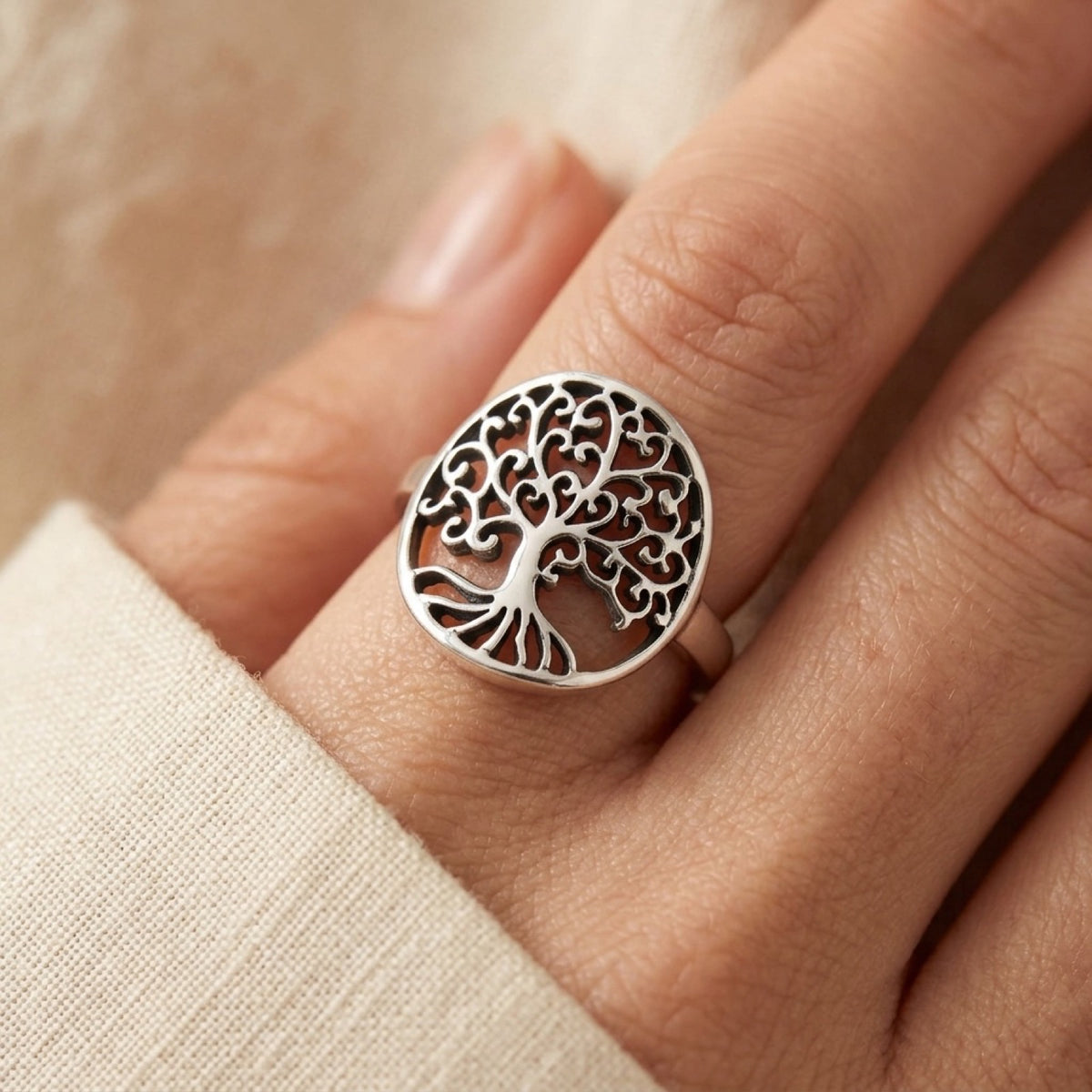 Wide Tree of Life Open Ring worn