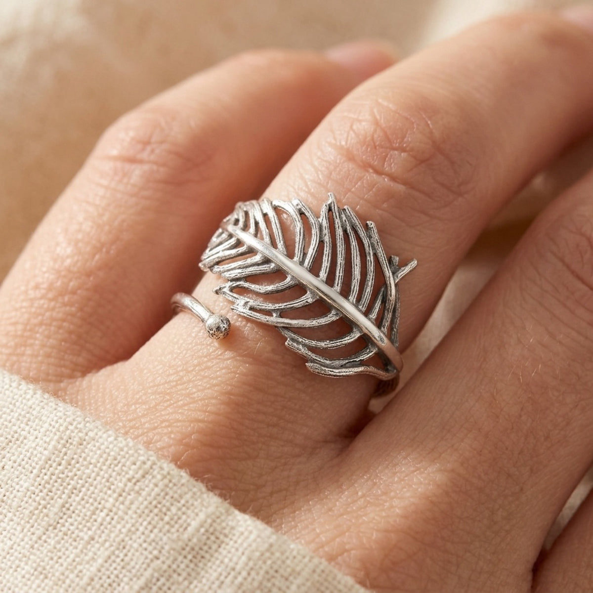 Open Tree Leaf Ring worn