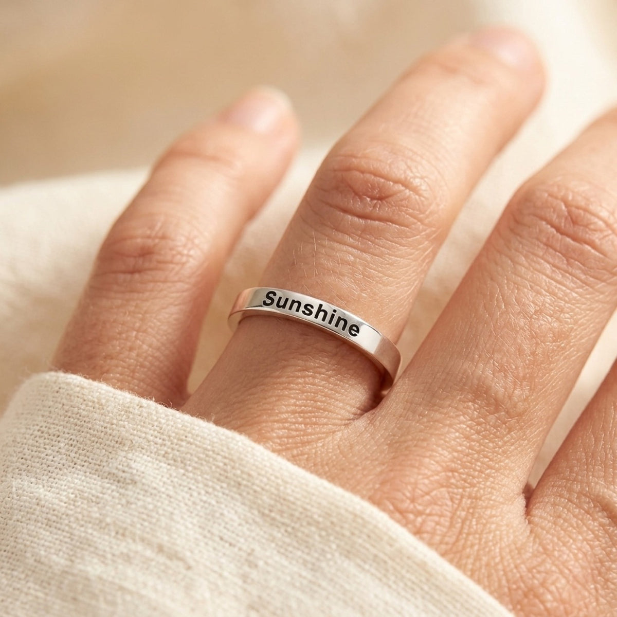 You Are My Sunshine Stacking Word Ring worn
