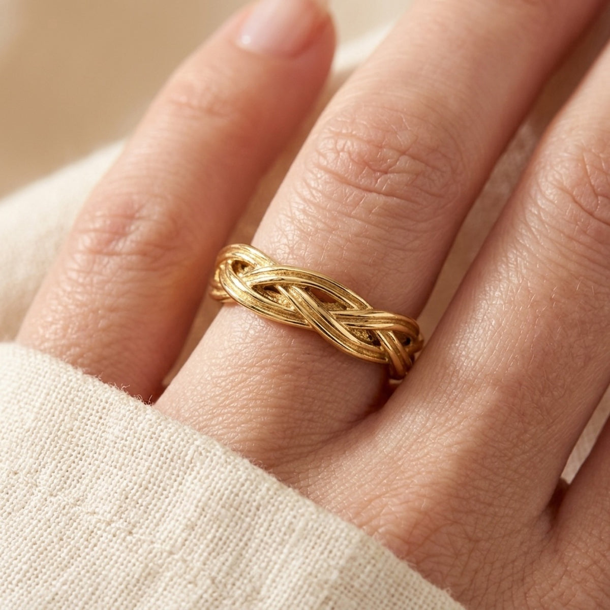 18k Gold PVD Criss Cross Knot Weave Ring worn