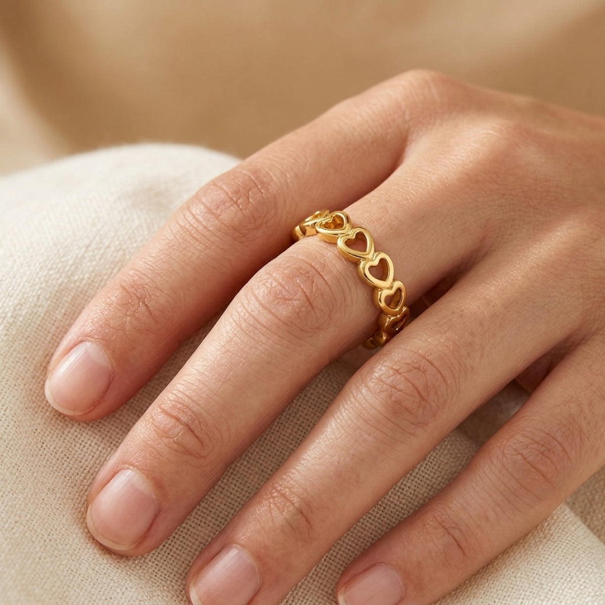 18k Gold PVD Eternty Open Heart Love Ring worn