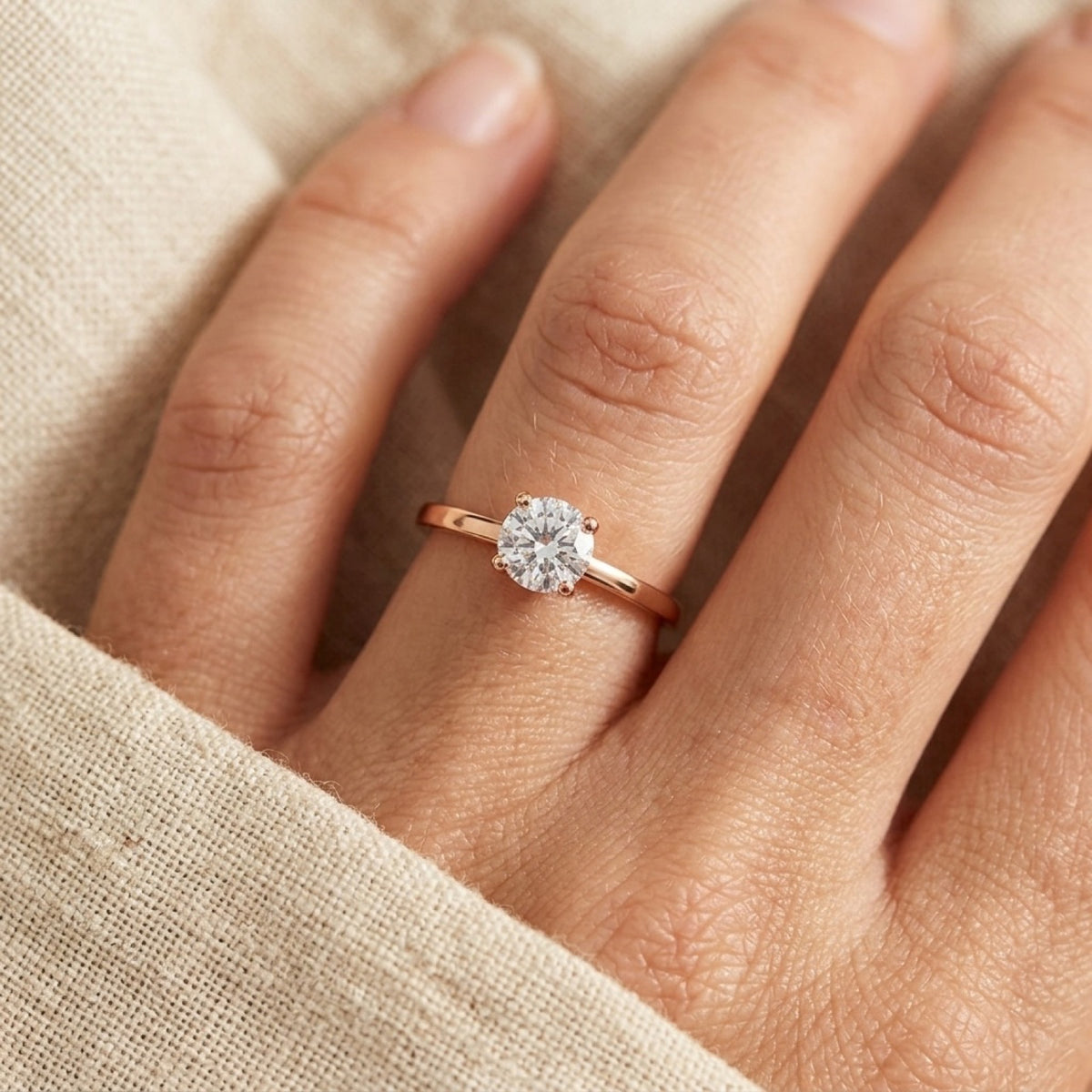 18k Rose Gold PVD 4mm White CZ Solitaire 1mm Thin Ring worn