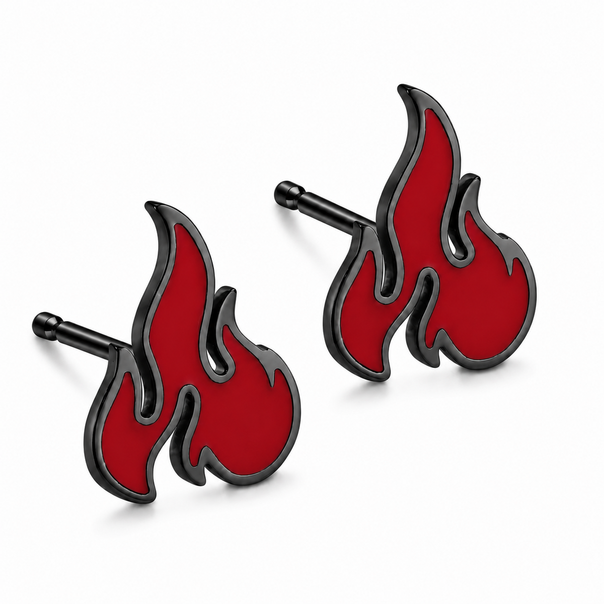 Fire Flame Campfire Torch Burning Stud Earrings – Black Stainless Steel