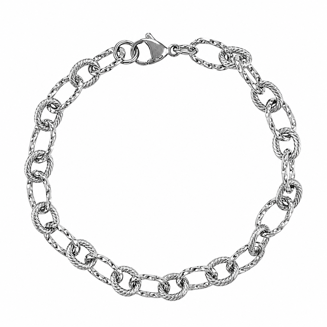 Stainless Steel Oval Alternating Diamond-Cut Twist Cable Rolo Link Chain