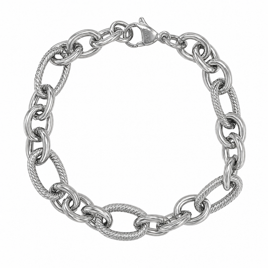 Stainless Steel Oval Alternating Textured Cable Rolo Figaro Link Chain