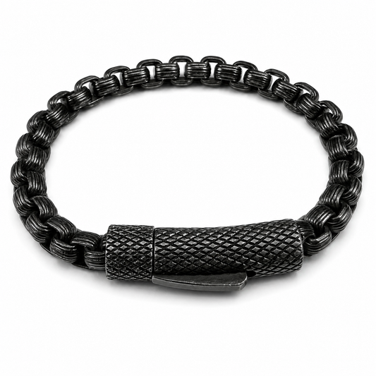 Stainless Steel Oxidized Round Box Textured Secure Clasp 6.1mm Chain Bracelet