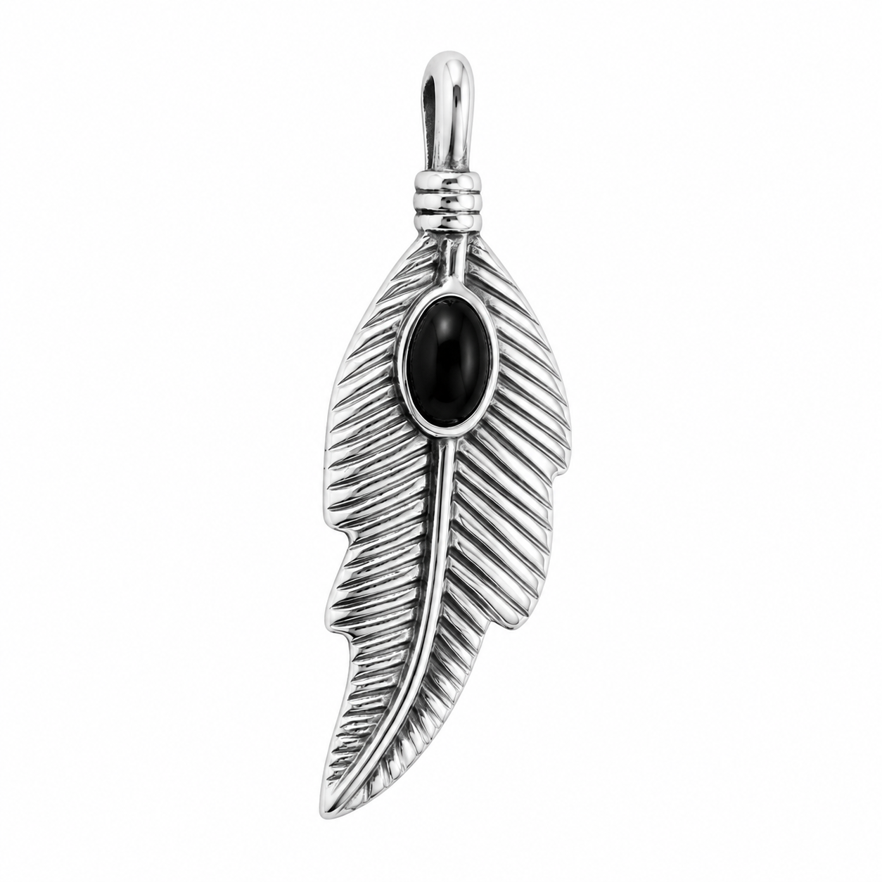 Stainless Steel Leaf Feather Black Stone Pendant