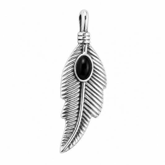 Stainless Steel Leaf Feather Black Stone Pendant