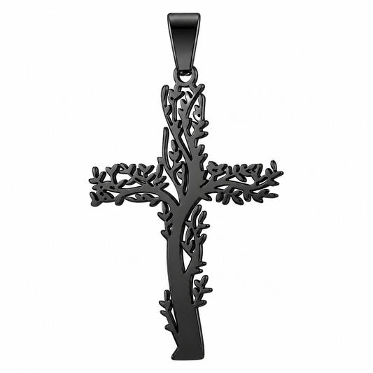 Tree of Life Cross Pendant – Black Stainless Steel