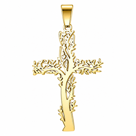 Tree of Life Cross Pendant – Gold-Tone Stainless Steel