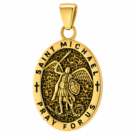 St Michael Pray For Us Pendant – Gold-Tone Stainless Steel