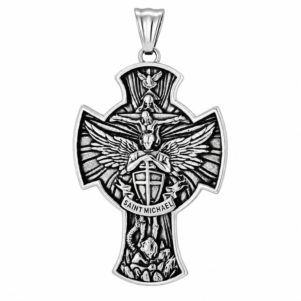 Jesus Crucifix Saint Michael Dove Pendant – Stainless Steel