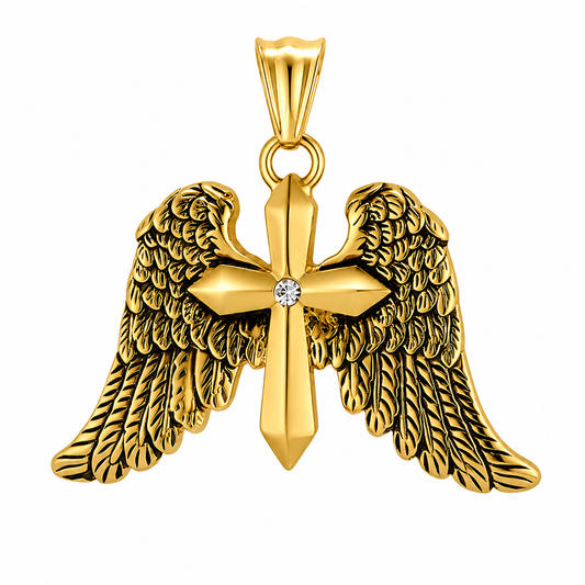 Angel Wings Cross Heavenly Pendant – Gold-Tone Stainless Steel